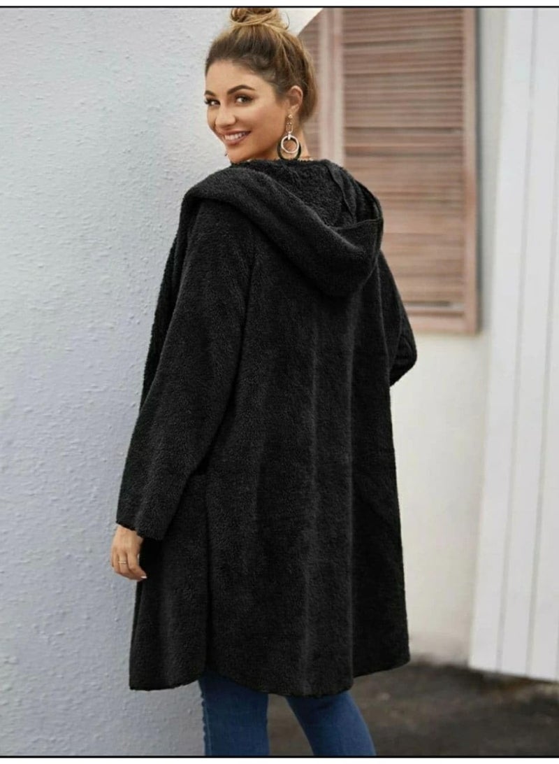 Solid Dual Pocket Open Front Teddy Coat (Black) - Image 2